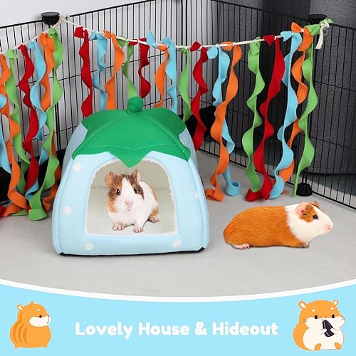 BWOGUE Guinea Pig Bed Hideout, Washable Hamster Cave for Small Animals | Removable Cushion for Cleaning, Warm Fleece Nest, Washable Bed, 10 x 9.8 x 9 in, Dwarf Rabbits Hedgehogs - color: Strawberry Blue