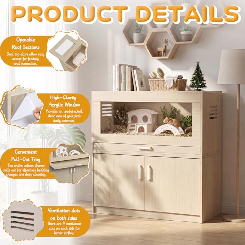 Hamster Cage with Storage Cabinet Detachable, Large Wooden Small Animal Habitat with Easy-Clean Drawer & Acrylic Panels for Guinea Pig, Rabbit, Hedgehog, Chinchilla (Teak) - color: Teak