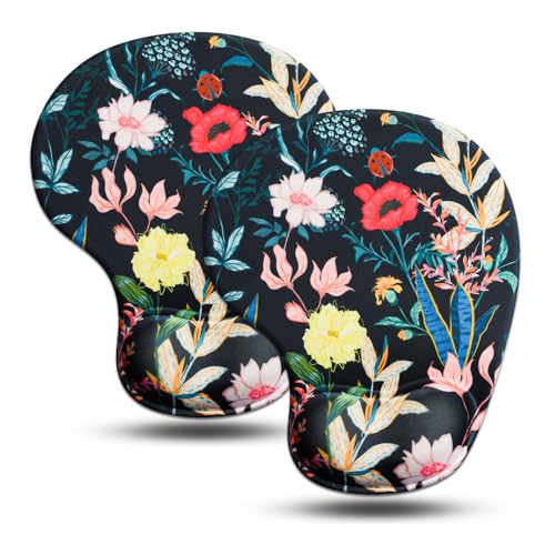 JIKIOU Ergonomic Mouse Pad with Gel Wrist Rest 2Pack, Portable Small Flower | Upgraded-Prevent Gel Leakage, Ergonomic Design for Pain Relief, Cooling Gel filled, Smooth Lycra Surface, Non-Slip PU Base - color: 03Black-Flowers