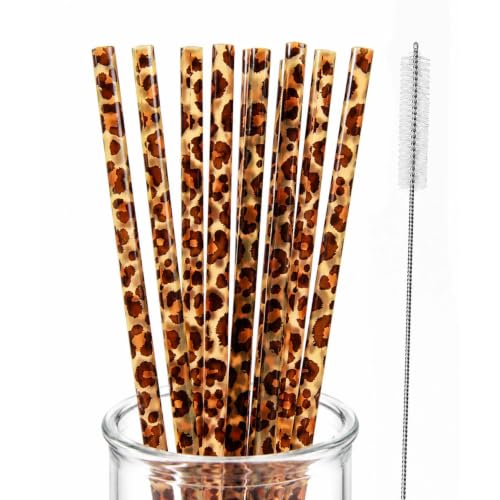 10 Pcs Reusable Brown Leopard Straws Long Straws with Cleaning Brushes - color: Brown