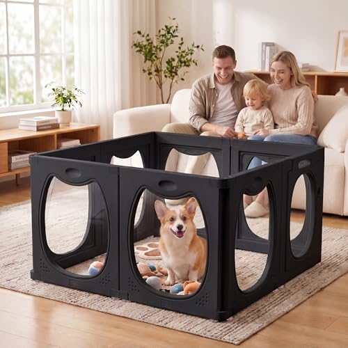 Clear PET Dog Playpen Indoor, 8-Panel Heavy-Duty Transparent Puppy Playpen, Modular Pet Fence Enclosure for Small Medium Dogs, Easy to Assemble (Black, 24 Inch H, 8 Panels) - color: Black