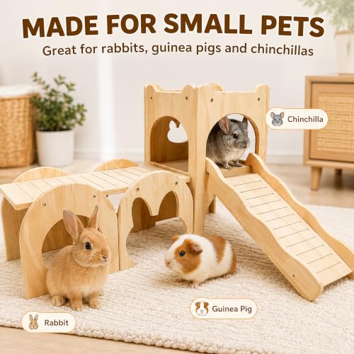 Large Bunny Hideout Wooden Bunny House with Ramp Rabbit Castle(Set of 3) | solid wood guinea pig hideout chinchilla house with detachable panels,rabbit hide with ramp hideaways and climbing areas - style: Set of 3