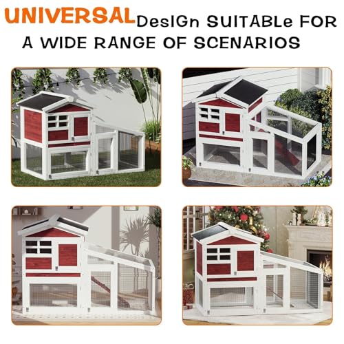 54" 2-Tier Wooden Rabbit Hutch with Run, Small Animal Cage with Removable Tray, Ramp, 6 Access Doors & Asphalt Roof, Weather-Resistant Bunny House for Rabbits, Guinea Pigs, Chinchillas, Red & White - color: Brown-white