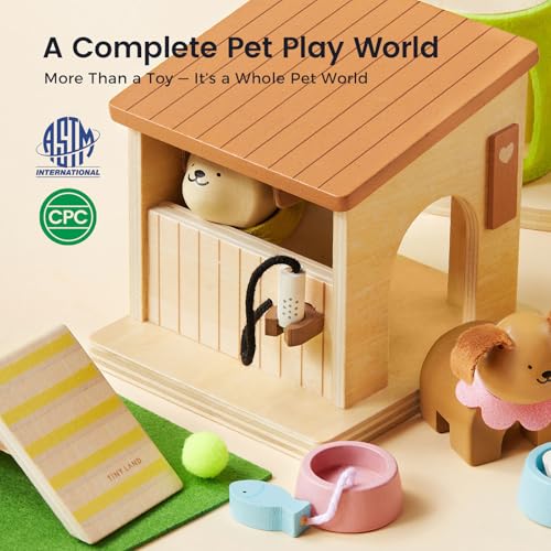 Tiny Land Wooden Dollhouse Animal Set for Toddlers, Dollhouse Accessories | Dolls House Furniture Sets for Toddlers, Montessori Pretend Play Family Pets Set Toys, Gift for Kids Age 3+