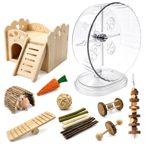 Hamster Cage Accessories Set with Silent Exercise Running Wheels and Natural Chew Toys, Wooden Hamster Toys and Habitat Decor for Syrian Hamsters, Gerbils, and Mice