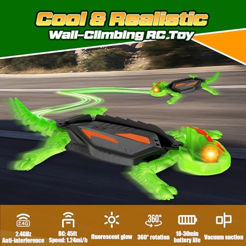 Wall Climbing Gecko, Glow-in-The-Dark Lizard Wall Crawler, Remote Control Lizard with LED Eyes, 360° Rotating Electric Reptile Robot for Floor and Wall, Christmas Birthday Gift for 3-8 Year Old Kids - color: Green