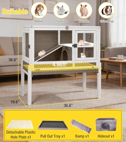 Aivituvin Guinea Pig Cages, Rabbit Hutch with Anti-Chew Frame, Bunny Cage with Cleaning Sliding Tray, 3 Openable Areas, Assemblable Legs, Ramp & Hideout Included - Brown - color: White Brown