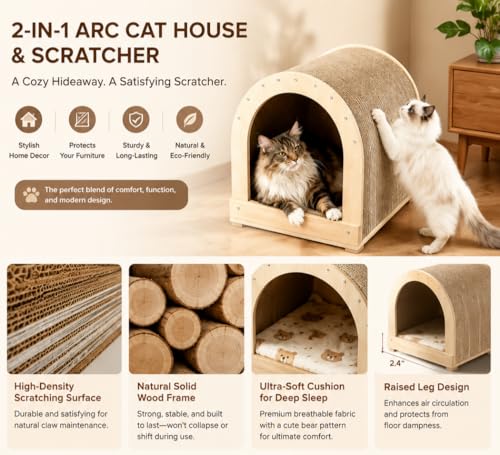 Modern Cat House for Indoor Cats, 2-in-1 Cat Scratcher Lounge with Cozy Cushion, Wooden Furniture Style Cat Condo Bed for Cats & Kittens