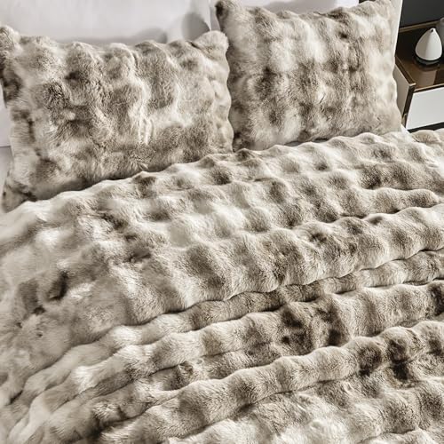 Fredsure Faux Rabbit Fur Comforter Set, 3 Pieces Tie Dye Khaki King, Faux Rabbit Fur Face and Microfiber Reverse - color: Tie Dye Khaki, size: King
