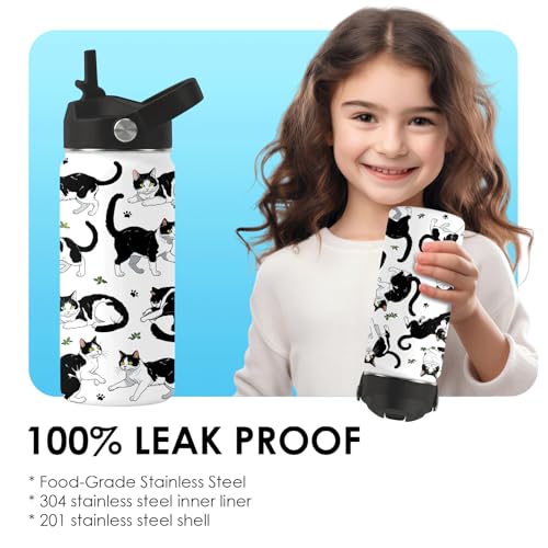 Girls Water Bottle, 16oz Black Cat Insulated Water Bottle with Straw (1pc) | BPA-Free, Leak Proof, Stainless Steel, with Handle, Kids Water Bottle for School, Boys, Travel, Cats Lovers Gifts Cup - color: Cow Cat, size: 16 Ounces