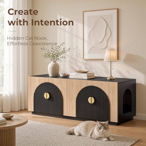 Amunrbrek Double Cat Litter Box Enclosure Furniture with Optional Divider - color: Black and Natural Double