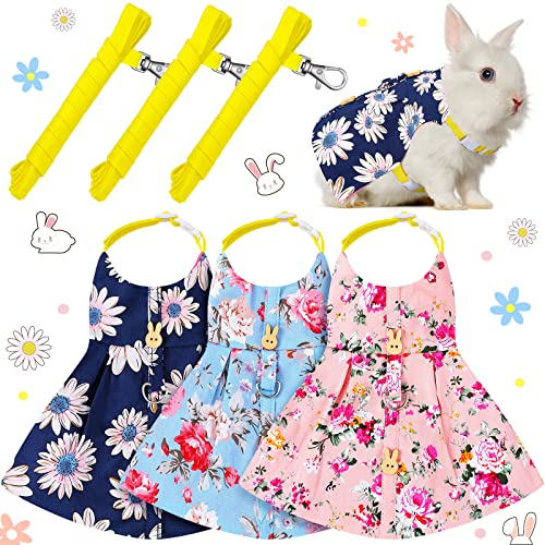 Weewooday 3 Sets Rabbit Bunny Harness and Leash Gift, Cute Bunny Clothes for Rabbits Dress Costume Walking Harness Escape Proof Pet Supply for Hedgehog Ferret Squirrel(Pink Flower, Blue Flower, Daisy)