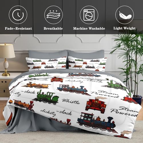 WeCozy Queen Comforter Set with Sheets, 7 Pieces Boy Cartoon Bedding | Bed in A Bag for All Season, Steam Train Cute Children Vehicle, 2 Pillowcases & 2 Shams for Kids and Adults - color: Cartoon Train, size: Queen