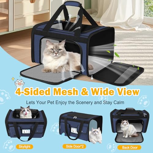 HUANLANG Large Cat Carrier Soft Sided Travel Pet Carrier Airline Approved | Dog Carriers for Small Dogs Medium Cats,Collapsible,3 Storage,zipper lock,Reflective strips,Luggage Strap, Up to 15 Lbs - color: Navy Blue