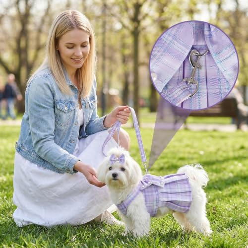 Cute Plaid Dog Dress Clothes for Small Dogs Cats Girl Purple Plaid Dog Dress with Pearls Bow Tie Harness Leash for Spring Summer Birthday Puppy Bunny Rabbit Yorkies Chihuahua Outfits - size: M
