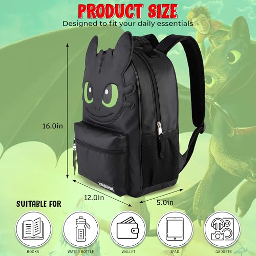 AI ACCESSORY INNOVATIONS How to Train Your Dragon Toothless Backpack, Black 16 Inch School Bag with 3D Face Applique, Green Eyes, Lightning Bolt Keychain, for Boys and Girls - style: Toothless