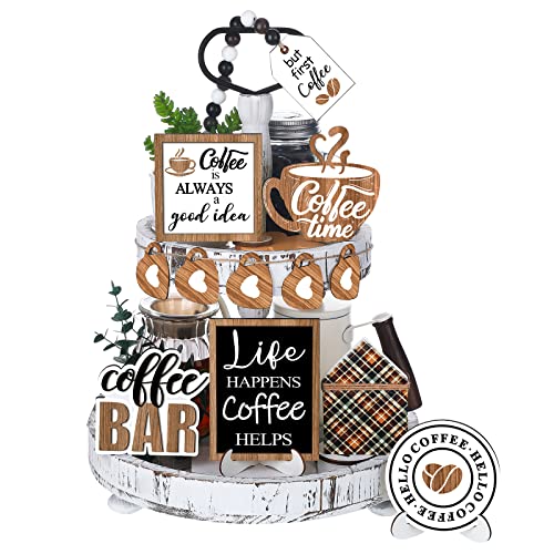 FairySandy 11 Pcs Coffee Tiered Tray Decor Coffee Time Rustic Farmhouse Tiered Tray Decorations Set Home Wooden Signs Vintage Farm Animal Farmhouse Tabletop Wood Signs for Kitchen Table Shelf Decor - style: Delicious Coffee