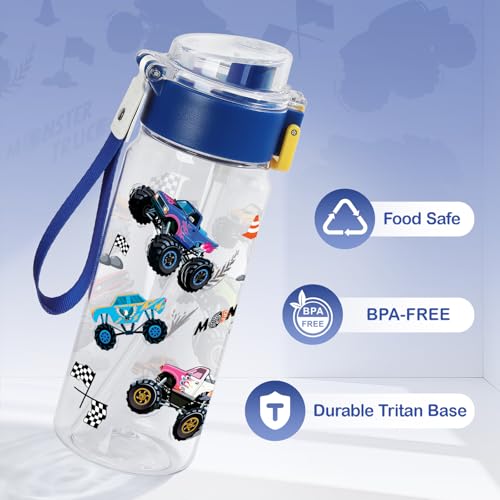 Tritan Kids Water Bottle for School, 18.6 Oz Leakproof Toddler Water Bottle | with a Pop-up Detachbale Straw, 2-in-1, Dishwasher Safe, 1-Pack, Monster Truck - color: Monster Truck