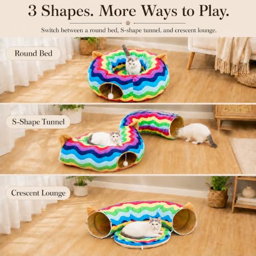 Large Cat Tunnel Bed Under Christmas Tree with Fluffy Toy Balls, Small Cushion and Flexible Design- 10 inch Diameter, 3 ft Length- Great for Cats, and Small Dogs, Rainbow Wave Color - color: Rainbow Wave, size: Tunnel Bed