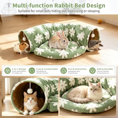 BWOGUE Bunny Tunnel Bed, 2-in-1 Collapsible Rabbit Tunnel Hideout with Mat | Green Floral Rabbit Tunnel for Indoor Bunnies, 46.8 in Length, Removable Mat for Rest, Ball Toy for Play, Rabbits - color: Flower Green