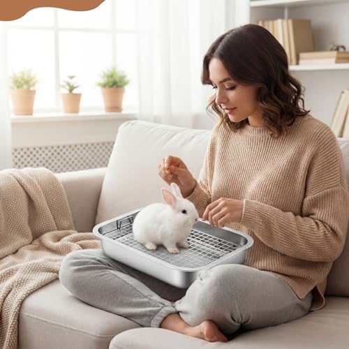 Maxcheck 2 Pcs Rabbit Litter Box, Stainless Steel Rabbit Litter Pan with 2 Grids, High Side Bunny Toilet Tray Potty Training Pan for Rats Ferret Bunny Guinea Pig(S 14.2''L x 11.2''W x 2.5''H) - size: S 14.2''L x 11.2''W x 2.5''H