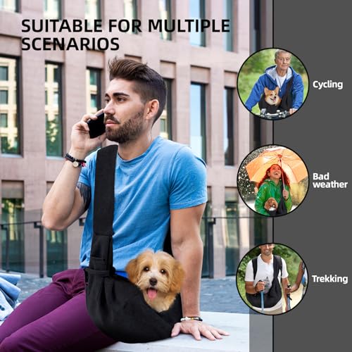 ARZQUT Dog and Cats Carrier Sling, Small Pet Carrier with Storage Pocket | Reversible Puppy Sling Carrier, Safety Buckle, Storage bag, Machine Washable for Travel, Outdoor Activitie, Hand-Free, Black - color: Black