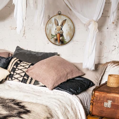 shiviody Vintage Easter Bunny Carrot Canvas Wall Art Decor, Rustic Farmhouse Spring Cottagecore Easter Bunny Rabbit Round Hanging Frame Prints Decorations for Kitchen Home Bedroom Living Room 10"x10" - color: Animals-51
