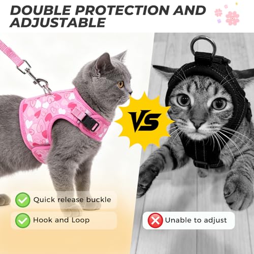BINGPET Cat Harness and Leash Set, Escape Proof and Adjustable, Large | Step-in Vest, Lightweight Soft Breathable Mesh, Hook & Loop, Easy Control for Medium & Large Cats Walking Travel - color: Heart, size: Large