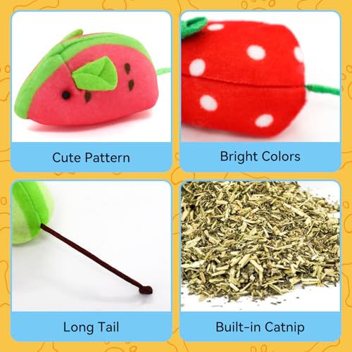 Andiker 5 Pcs Cat Mouse Toys, Soft Cat Plush Toy with Fruit Pattern Interactive Cat Toys for Indoor Cats and Kittens to Bite Chew Scratch