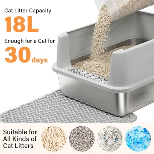 Stainless Steel Litter Box for Kitten,Metal Litter Box with Lid S | Cat Litter Box High Sides,Small Cats,Open Design,Indoor,1-Mat and 1-Scoop,Easy to Clean, No Odor,Anti-Urine Leakage - color: S-M-lid-10"H