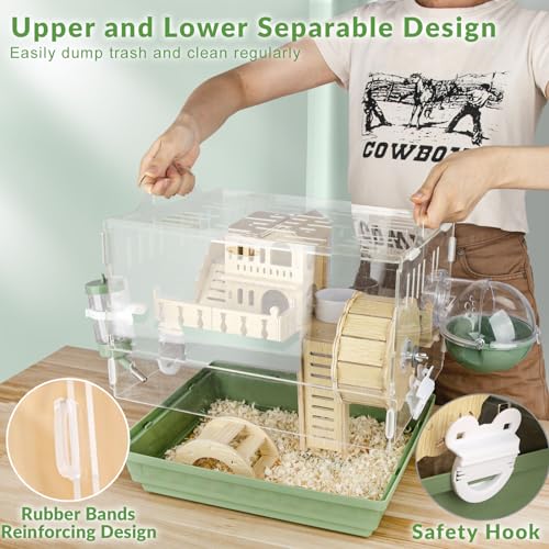 Cycodo 8 in 1 Acrylic Hamster Cage,2-Tier Dwarf Hamster Cage with Wooden Wheel & Hideout,Small Hamster Habitat with Accessories,Clear Pet Mice House(Green,14" L*10" W*11" H) - color: Green