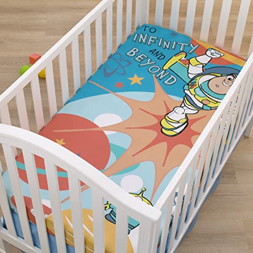 Disney Toy Story Buzz Lightyear Blue and Orange Blast Off to Infiniti and Beyond 100% Cotton Photo Op Fitted Crib Sheet - color: Toy Story - Blast Off