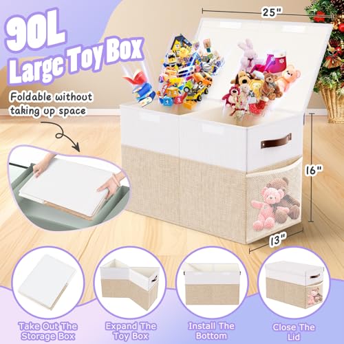 Large Toy Storage Box with Lid & Dividers, Kids Toy Chest, Beige and White | Toy Box for Boys, Girls, Nursery, Bedroom, Living Room, Playroom, 25 x 13 x 16 inches - color: Large Beige and White