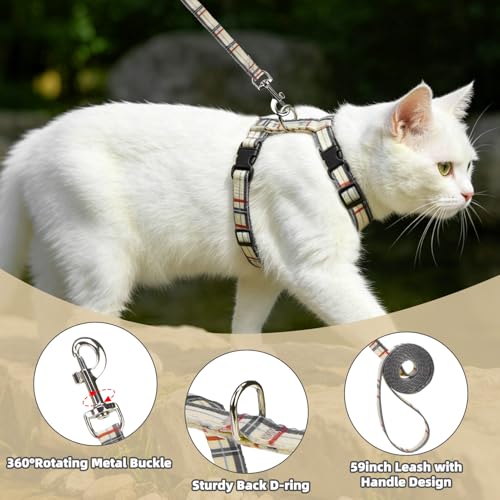 PUPTECK Adjustable Cat Harness and Leash Set Escape Proof Kitten Strap Collar for Walking Travel, Beige Plaid - color: Beige(Plaid), size: Small