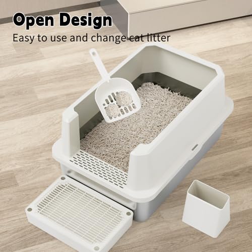 RIZZARI Stainless Litter Box Semi-Closed: Odorless, Large, Easy Clean | High Splash Guard / Non-Stick Steel Pan / 20L Capacity / Raised Step / Fits Any Room / Multi-Cat Use - color: Beige, 1 Pack