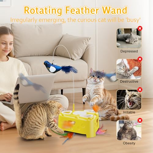 Automatic Cheese-Shaped Interactive Cat Toy – Flying Bird, 6-Hole Mole & Rotating Feather | USB Rechargeable Electronic Feather Toy for Indoor Adult Cats & Kittens, Relieves Boredom | Cheese-shaped non-slip base, 3 play modes, USB-C rechargeable 1200mAh b