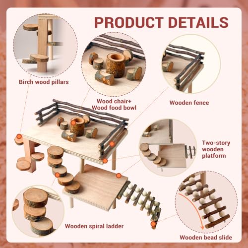 VolksRose Wooden Hamster Playground Platform, Hamster Climbing Toy, Natural Living Climb System, Small Animals Activity Set with Ladder Food Bowl Ramp Bridge for Mouse Gerbil Rat Chinchilla - color: #3