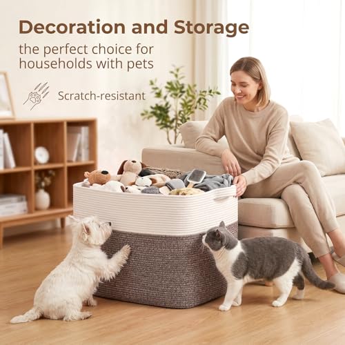 OIASKET 108L Cotton Rope Storage Basket for Living Room and Bedroom 25"x16"x16" Woven Laundry Basket, Heavy Duty Bin for Blankets, Pillows & Toys, Pet-Safe & Scratch-Free, Dark Brown and White - color: Dark Brown & White