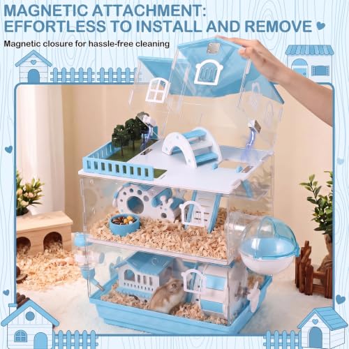 Eccliy 15 in 1 Clear 3-Layer Acrylic Hamster Cage with All Accessories, 20 x 13.7 x 10 Inch Dwarf Hamster House, Magnetic Connection Small Pet Enclosure, Garden Style Mouse Cage for Pet Mice (Blue) - color: Blue