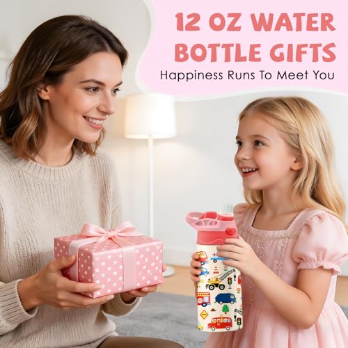 Car 12 oz Water Bottle with Straw – Kids Stainless Steel Vacuum Insulated Cup, Leakproof Pop-Up Spout, Reusable Travel Mug for Boys and Girls Outdoor Sports - color: Car2