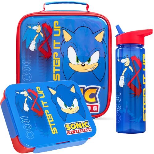 Get Trend Sonic the Hedgehog Kids Insulated Lunch Bag 3Pc Set with Reusable Bento Box and 20 fl oz BPA-Free Straw Water Bottle, Lightweight Kids Lunch Box, Gamer Gifts for Boys (Blue Sonic) - color: Blue Sonic