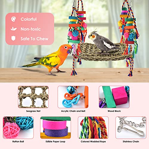 KATUMO Bird Toys, Bird Foraging Wall Toy Large Size Seagrass Woven Climbing Hammock Swing Mat with Colorful Chewing Toys for Lovebird, Parakeet, Budgie, Conure, Cockatiel, Small Birds | Hand-Woven Seagrass Toy with Chew Accessories, Supports Climbing, For