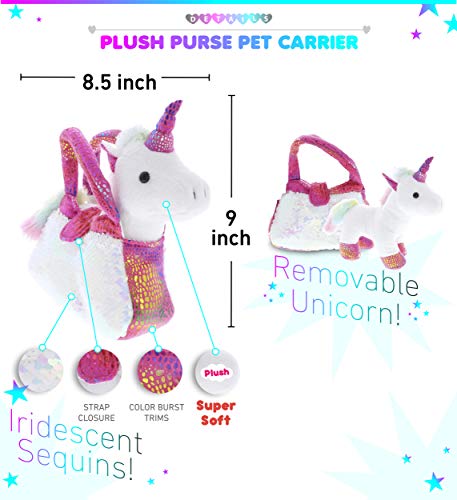 DolliBu Pink Unicorn Plush Reversible Sequin Pet Carrier Handbag, White Sparkle Soft Stuffed Animal Carrier Toy Purse for Little Girls, Cute Toddler Girl's Pretend Play 9 Inch
