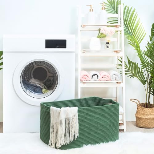 22in Extra Large Blanket Basket Holder Living Room, Rectangle Rope Woven Storage Basket with Handles for Laundry, Pool Towels, and Shoes, Dog Toy Organizer Bin Box, Forest Green - color: Forest Green