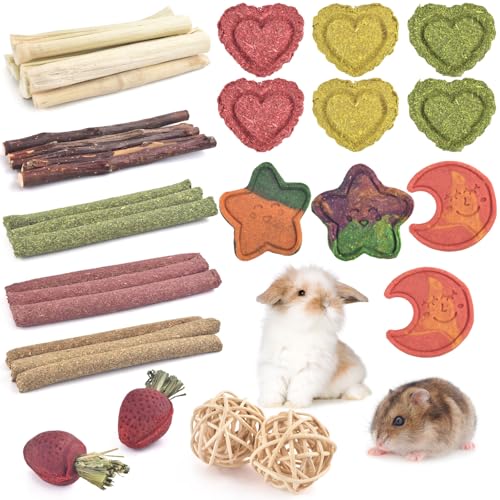 ERKOON 33PCS Bunny Chew Toys for Rabbits Teeth, Natural Rabbit Toys Apple Wood Sticks, Carrot, Timothy Grass Treats for Small Pets, Hamster, Chinchilla, Guinea Pig Dental Care and Treat Teething Toys - size: 33