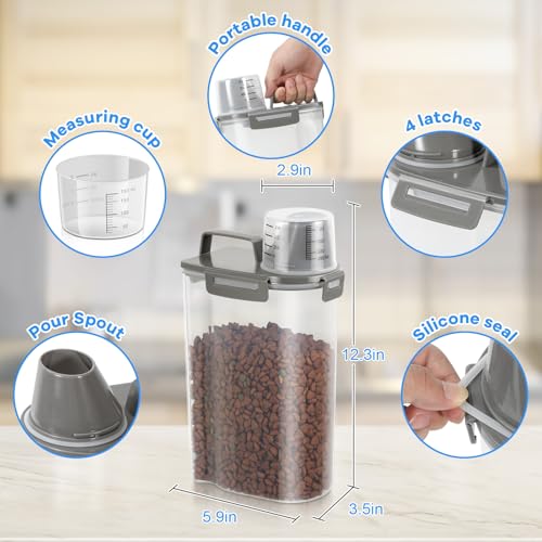 TBMax Small Dog Cat Food Storage Containers 2 Pack, Travel-Friendly Pet Food Container with Spout & Measuring Cup, Kid-Friendly Pet Feeding Dispenser, Portable Dog Treat Bird Seed Container -Grey - color: Dark Grey -2Pcs 3Qt