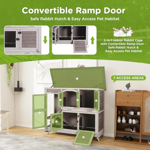 GUTINNEEN Large Rabbit Hutch Indoor with Chew-Proof Ramp, 47" Wooden Bunny Cage Guinea Pig Cages with Casters, Leak-Resistant Trays for Rabbits, Guinea Pigs, Small Animals