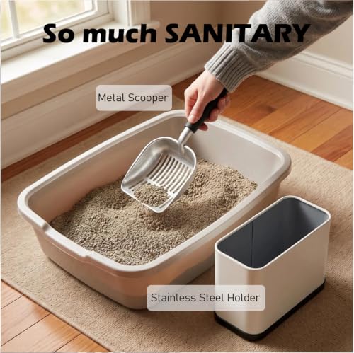 Heavy Duty Cat Litter Scoop with Holder, Stainless Steel Kitty Litter Scooper Caddy for Litter Box, Full Metal Speed Sifter Captures All Clumps, Easy to Clean - color: White