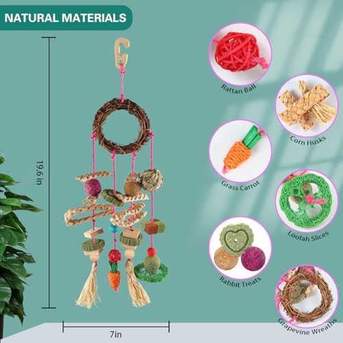 YIXUND Rabbit & Guinea Pig Toys - Hamster & Bunny Toys - Natural Timothy Hay & Apple Wood Sticks - Chinchilla Teeth Care - Handmade Dream Catcher - color: 18 Pcs