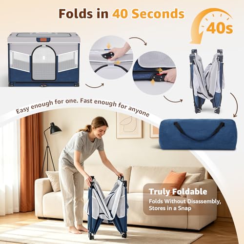 LOOBANI Small Dog Playpen, 32"x24"x22", Foldable & Portable, Blue | Puppy Cat Playpen Indoor, with Sturdy Steel Frame, Travel Dog Crate with Carry Bag, Removable Washable 690D Fabric Cover - color: Blue-Gray
